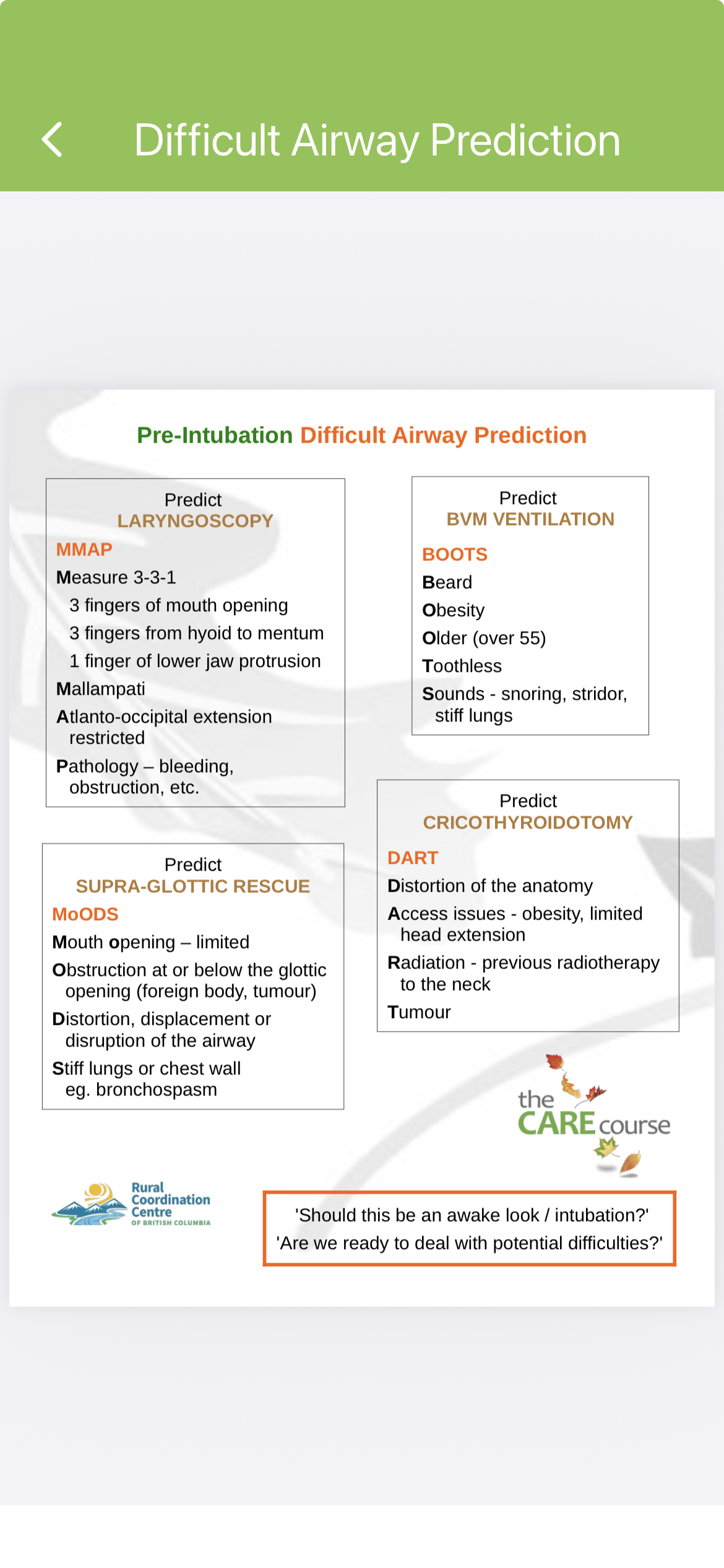 CARE Course difficult airway prediction